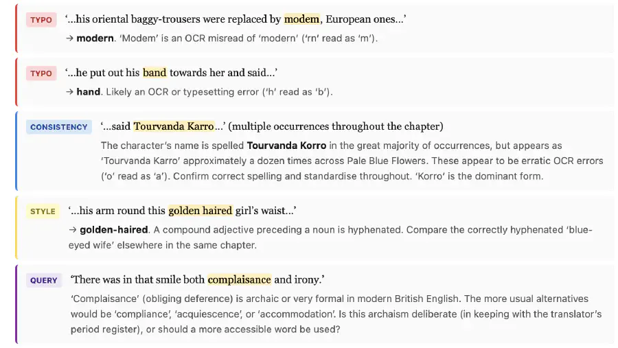 Sample review output showing TYPO, CONSISTENCY, STYLE, and QUERY issue cards